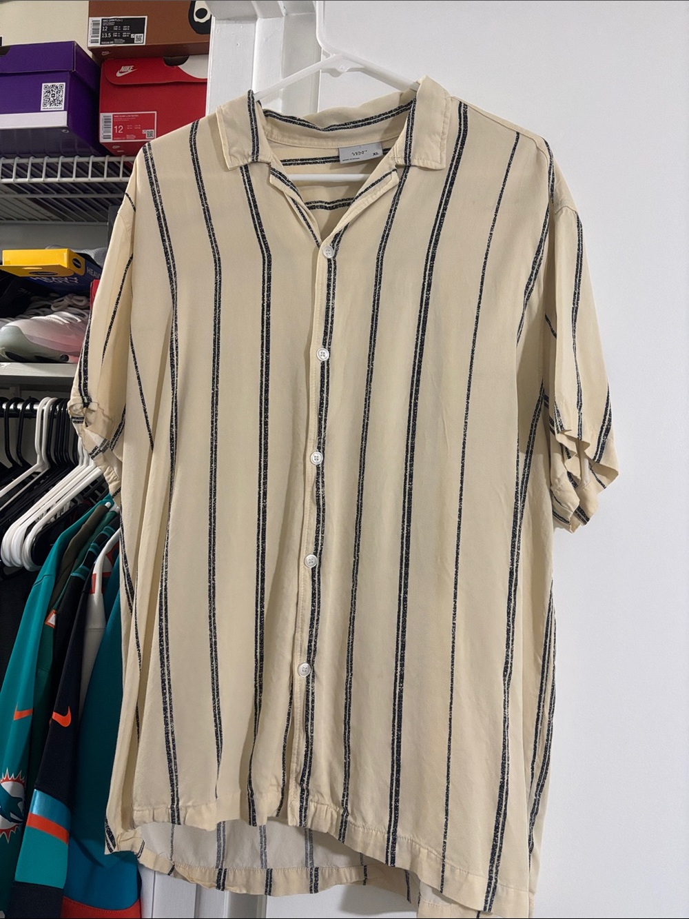 Men's Cream Striped Button-Up Shirt - Lightweight Casual